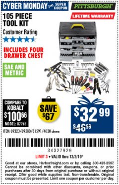 Harbor Freight Coupon 105 PIECE TOOL KIT WITH 4-DRAWER CHEST Lot No. 4030/69323/69380/61591 Expired: 12/2/19 - $32.99