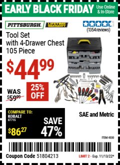 Harbor Freight Coupon 105 PIECE TOOL KIT WITH 4-DRAWER CHEST Lot No. 4030/69323/69380/61591 Expired: 11/13/22 - $44.99