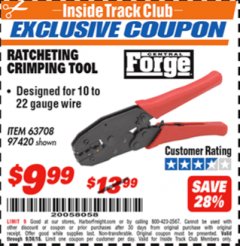 Harbor Freight ITC Coupon RATCHETING CRIMPING TOOL Lot No. 63708/97420 Expired: 9/30/18 - $9.99