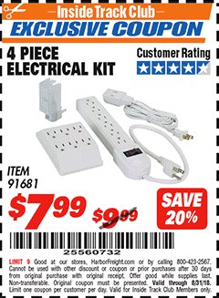 Harbor Freight ITC Coupon 4 PIECE ELECTRICAL KIT Lot No. 91681 Expired: 8/31/18 - $7.99