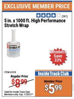 Harbor Freight ITC Coupon 5" X 1000 FT. HIGH PERFORMANCE STRETCH WRAP Lot No. 61519 Expired: 1/28/21 - $5.99
