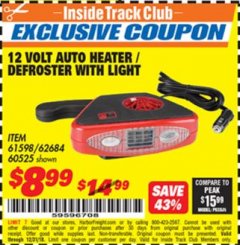 Harbor Freight ITC Coupon 12 VOLT AUTO HEATER/DEFROSTER WITH LIGHT Lot No. 61598/60525/96144 Expired: 12/31/18 - $8.99