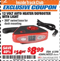 Harbor Freight ITC Coupon 12 VOLT AUTO HEATER/DEFROSTER WITH LIGHT Lot No. 61598/60525/96144 Expired: 1/31/20 - $8.99