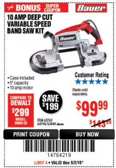 Harbor Freight Coupon BAUER 10 AMP DEEP CUT VARIABLE SPEED BAND SAW KIT Lot No. 63763/64194/63444 Expired: 9/2/18 - $99.99