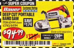 Harbor Freight Coupon BAUER 10 AMP DEEP CUT VARIABLE SPEED BAND SAW KIT Lot No. 63763/64194/63444 Expired: 5/31/19 - $94.99