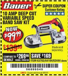 Harbor Freight Coupon BAUER 10 AMP DEEP CUT VARIABLE SPEED BAND SAW KIT Lot No. 63763/64194/63444 Expired: 8/5/19 - $99.99
