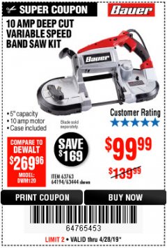 Harbor Freight Coupon BAUER 10 AMP DEEP CUT VARIABLE SPEED BAND SAW KIT Lot No. 63763/64194/63444 Expired: 4/28/19 - $99.99