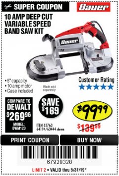 Harbor Freight Coupon BAUER 10 AMP DEEP CUT VARIABLE SPEED BAND SAW KIT Lot No. 63763/64194/63444 Expired: 5/31/19 - $99.99