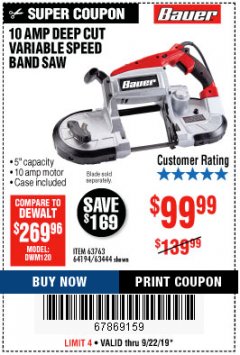 Harbor Freight Coupon BAUER 10 AMP DEEP CUT VARIABLE SPEED BAND SAW KIT Lot No. 63763/64194/63444 Expired: 9/22/19 - $99.99