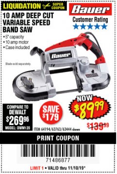 Harbor Freight Coupon BAUER 10 AMP DEEP CUT VARIABLE SPEED BAND SAW KIT Lot No. 63763/64194/63444 Expired: 11/10/19 - $89.99