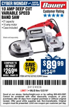 Harbor Freight Coupon BAUER 10 AMP DEEP CUT VARIABLE SPEED BAND SAW KIT Lot No. 63763/64194/63444 Expired: 12/2/19 - $89.99