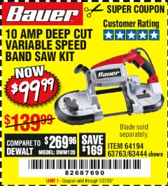 Harbor Freight Coupon BAUER 10 AMP DEEP CUT VARIABLE SPEED BAND SAW KIT Lot No. 63763/64194/63444 Expired: 1/27/20 - $99.99