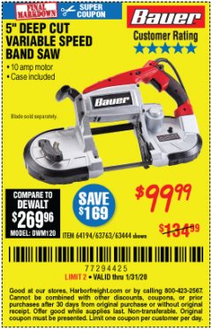 Harbor Freight Coupon BAUER 10 AMP DEEP CUT VARIABLE SPEED BAND SAW KIT Lot No. 63763/64194/63444 Expired: 1/31/20 - $99.99