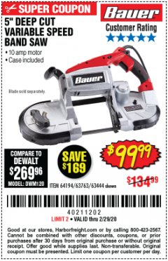 Harbor Freight Coupon BAUER 10 AMP DEEP CUT VARIABLE SPEED BAND SAW KIT Lot No. 63763/64194/63444 Expired: 2/29/20 - $99.99