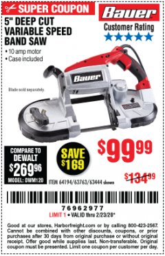 Harbor Freight Coupon BAUER 10 AMP DEEP CUT VARIABLE SPEED BAND SAW KIT Lot No. 63763/64194/63444 Expired: 2/23/20 - $99.99
