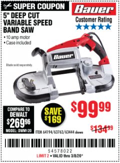 Harbor Freight Coupon BAUER 10 AMP DEEP CUT VARIABLE SPEED BAND SAW KIT Lot No. 63763/64194/63444 Expired: 3/8/20 - $99.99