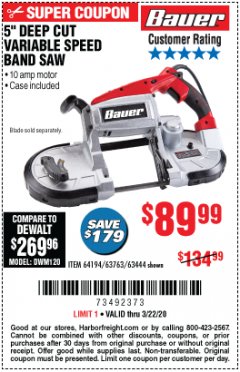 Harbor Freight Coupon BAUER 10 AMP DEEP CUT VARIABLE SPEED BAND SAW KIT Lot No. 63763/64194/63444 Expired: 3/22/20 - $89.99