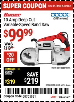 Harbor Freight Coupon BAUER 10 AMP DEEP CUT VARIABLE SPEED BAND SAW KIT Lot No. 63763/64194/63444 Expired: 2/4/24 - $99.99