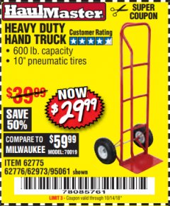 Harbor Freight Coupon HEAVY DUTY HAND TRUCK Lot No. 62775/3163/62776/62973/95061 Expired: 10/14/18 - $29.99