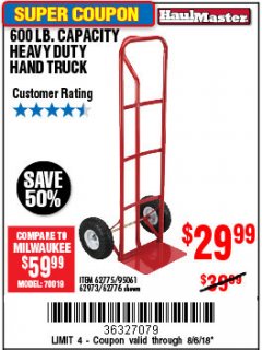 Harbor Freight Coupon HEAVY DUTY HAND TRUCK Lot No. 62775/3163/62776/62973/95061 Expired: 8/6/18 - $29.99
