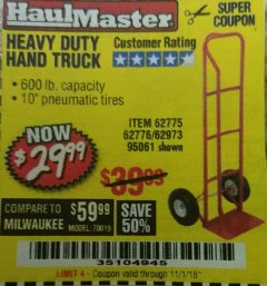 Harbor Freight Coupon HEAVY DUTY HAND TRUCK Lot No. 62775/3163/62776/62973/95061 Expired: 11/1/18 - $29.99