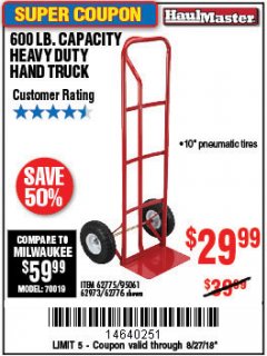 Harbor Freight Coupon HEAVY DUTY HAND TRUCK Lot No. 62775/3163/62776/62973/95061 Expired: 8/27/18 - $29.99