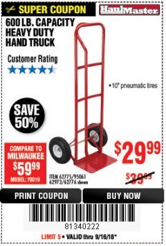 Harbor Freight Coupon HEAVY DUTY HAND TRUCK Lot No. 62775/3163/62776/62973/95061 Expired: 9/16/18 - $29.99