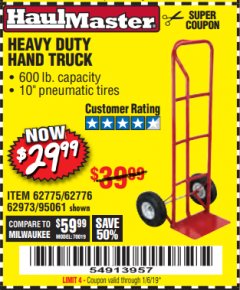Harbor Freight Coupon HEAVY DUTY HAND TRUCK Lot No. 62775/3163/62776/62973/95061 Expired: 1/16/19 - $29.99