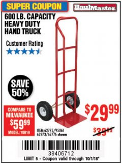 Harbor Freight Coupon HEAVY DUTY HAND TRUCK Lot No. 62775/3163/62776/62973/95061 Expired: 10/1/18 - $29.99