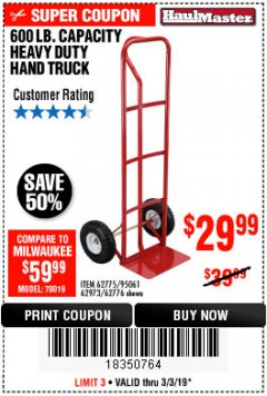 Harbor Freight Coupon HEAVY DUTY HAND TRUCK Lot No. 62775/3163/62776/62973/95061 Expired: 3/3/19 - $29.99