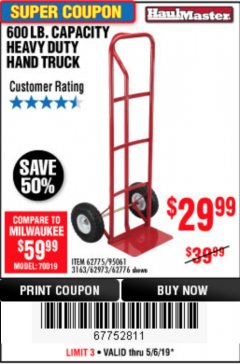 Harbor Freight Coupon HEAVY DUTY HAND TRUCK Lot No. 62775/3163/62776/62973/95061 Expired: 5/6/19 - $29.99