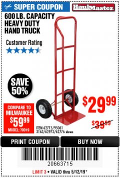 Harbor Freight Coupon HEAVY DUTY HAND TRUCK Lot No. 62775/3163/62776/62973/95061 Expired: 5/12/19 - $29.99
