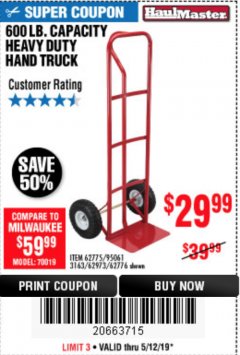 Harbor Freight Coupon HEAVY DUTY HAND TRUCK Lot No. 62775/3163/62776/62973/95061 Expired: 5/12/19 - $29.99
