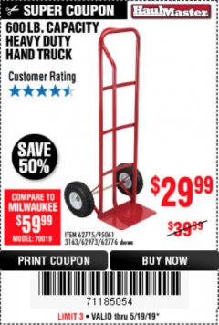 Harbor Freight Coupon HEAVY DUTY HAND TRUCK Lot No. 62775/3163/62776/62973/95061 Expired: 5/19/19 - $29.99
