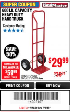 Harbor Freight Coupon HEAVY DUTY HAND TRUCK Lot No. 62775/3163/62776/62973/95061 Expired: 6/30/19 - $29.99