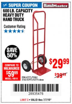 Harbor Freight Coupon HEAVY DUTY HAND TRUCK Lot No. 62775/3163/62776/62973/95061 Expired: 7/7/19 - $29.99