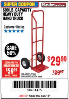 Harbor Freight Coupon HEAVY DUTY HAND TRUCK Lot No. 62775/3163/62776/62973/95061 Expired: 8/26/19 - $29.99