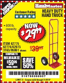 Harbor Freight Coupon HEAVY DUTY HAND TRUCK Lot No. 62775/3163/62776/62973/95061 Expired: 11/9/19 - $29.99