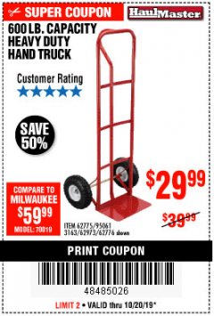 Harbor Freight Coupon HEAVY DUTY HAND TRUCK Lot No. 62775/3163/62776/62973/95061 Expired: 10/20/19 - $29.99