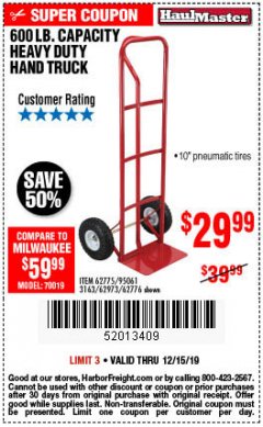 Harbor Freight Coupon HEAVY DUTY HAND TRUCK Lot No. 62775/3163/62776/62973/95061 Expired: 12/15/19 - $29.99