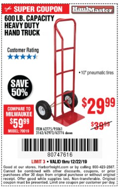 Harbor Freight Coupon HEAVY DUTY HAND TRUCK Lot No. 62775/3163/62776/62973/95061 Expired: 12/22/19 - $29.99