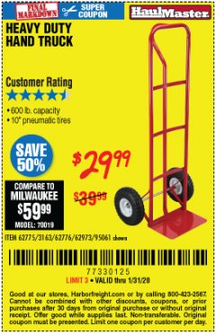 Harbor Freight Coupon HEAVY DUTY HAND TRUCK Lot No. 62775/3163/62776/62973/95061 Expired: 1/31/20 - $29.99