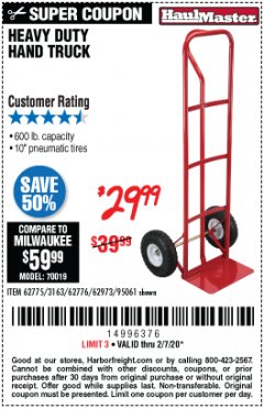 Harbor Freight Coupon HEAVY DUTY HAND TRUCK Lot No. 62775/3163/62776/62973/95061 Expired: 2/7/20 - $29.99