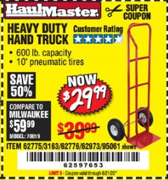 Harbor Freight Coupon HEAVY DUTY HAND TRUCK Lot No. 62775/3163/62776/62973/95061 Expired: 6/21/20 - $29.99