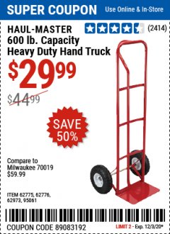 Harbor Freight Coupon HEAVY DUTY HAND TRUCK Lot No. 62775/3163/62776/62973/95061 Expired: 12/3/20 - $29.99