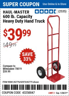 Harbor Freight Coupon HEAVY DUTY HAND TRUCK Lot No. 62775/3163/62776/62973/95061 Expired: 1/28/21 - $39.99