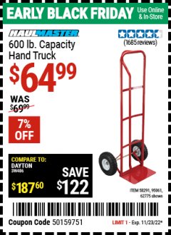Harbor Freight Coupon HEAVY DUTY HAND TRUCK Lot No. 62775/3163/62776/62973/95061 Expired: 11/23/22 - $64.99