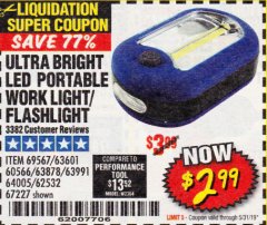 Harbor Freight Coupon LED PORTABLE WORKLIGHT/FLASHLIGHT Lot No. 63878/63991/64005/69567/60566/63601/67227 Expired: 5/31/19 - $2.99