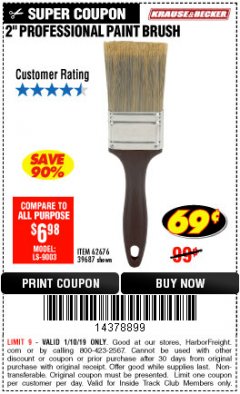 Harbor Freight ITC Coupon 2" PROFESSIONAL PAINT BRUSH Lot No. 62676/39687 Expired: 1/10/19 - $0.69