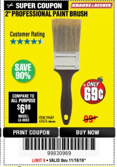 Harbor Freight Coupon 2" PROFESSIONAL PAINT BRUSH Lot No. 62676/39687 Expired: 11/30/18 - $0.69